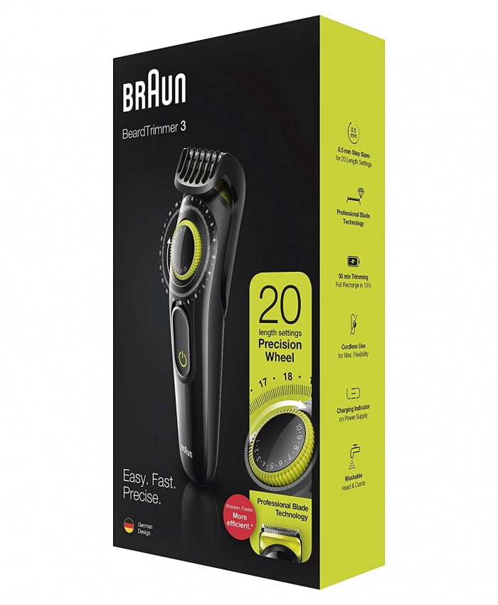 Braun Beard Trimmer 3 for Face and Hair, Black/Volt Green with precision dial, BT3221
